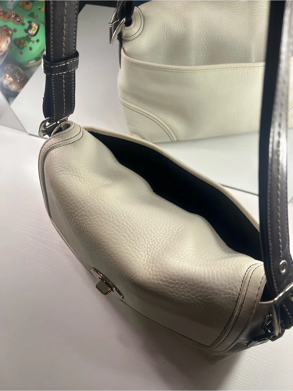 White Leather Shoulder Bag with Brown Strap